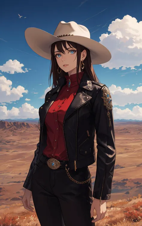 masterpiece,bestquality,highres, ultra detailed,Nevada wilderness,moor,cloudy sky,1lady,beautiful eyes,Cowboy hat,Leather jacket,earrings,jewelry,(necklace:0.2)