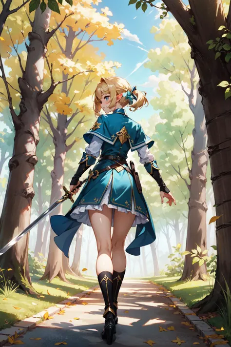 ((best quality)), ((masterpiece)), (detailed), (CG unity 8k wallpaper:1.1), outline, high resolution, best quality, perfect lighting, vibrant colors, illustration, (volumetric lighting), highres, absurdres, 1girl, solo, elf, holding sword, sword blade, fullbody, thighs, standing, from behind, looking back, nice hands, perfect hands, forest, fantasy, sunny day, outdoors, nature, falling leaves, <lora:Adventurers:0.4>