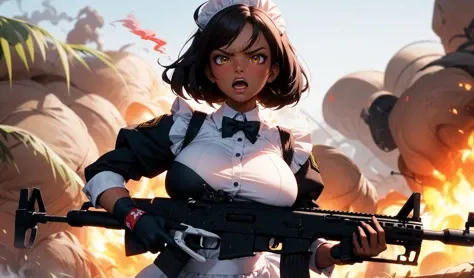 masterpiece,  best quality,  multiple dark-skinned female girls, maid camouflage  uniform, ,assault rifle, holding gun, shouting, angry, jungle, explosions, smoke,huge breasts