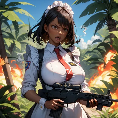masterpiece, best quality, multiple girls, dark-skinned female, maid camouflage uniform, ,assault rifle, holding gun, shouting, angry and ragefull, jungle, explosions, smoke,huge breasts