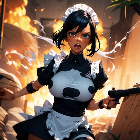 masterpiece, best quality, multiple girls, dark-skinned female, maid camouflage uniform, ,assault rifle, holding gun, shouting, angry and ragefull, jungle, explosions, smoke,huge breasts