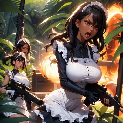 masterpiece, best quality, multiple girls, dark-skinned female, maid camouflage uniform, ,assault rifle, holding gun, shouting, angry and ragefull, jungle, explosions, smoke,huge breasts