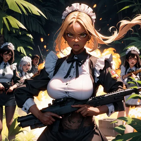 masterpiece, best quality, multiple girls, dark-skinned female, maid camouflage uniform, ,assault rifle, holding gun, shouting, angry and ragefull, jungle, explosions, smoke,huge breasts