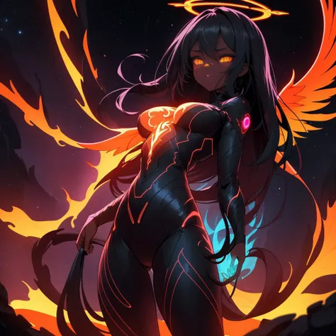 A black and red dragon girl with long, slender ears, two horns on her head, spreading her wings, looking formidable and fierce. There are flames all around.