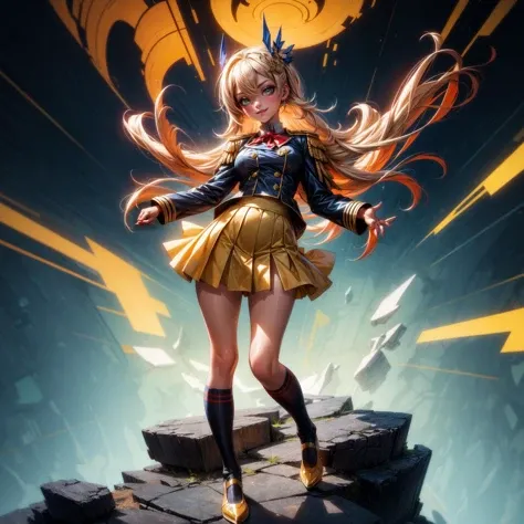 Generate a stunning art style, a true [masterpiece] of art. The image showcases [detailed linework], [dynamic shading], and [dramatic lighting], bringing to life a surreal atmosphere. full body view, celtic,yellow-skinned female, 1girl, french uniform,hair ornament,smug smile,interessted
<lora:more_details:1>