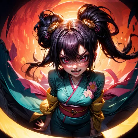 Generate a stunning art style, a true [masterpiece] of art. The image showcases [detailed linework], [dynamic shading], and [dramatic lighting], bringing to life a surreal atmosphere. fisheye, celtic,pink-skinned female, 1girl, kimono,twintails,crazy smile,angry
<lora:more_details:1>