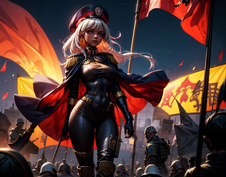 Generate a stunning art style, a true [masterpiece] of art. The image showcases [detailed linework], [dynamic shading], and [dramatic lighting], bringing to life a [dreading atmosphere] . A [full body view] [dark-skinned female 1girl ] is [standing infront ] of her soliders. She is a [commissar] of the [astra militarum]. She is  [seductive  ]with her [large breasts, thick thighs, white_hair,  skindentation]. She is [holding power_sword in her righthand]. She is wearing a [stunning commissar uniform wiht long cape].  Aim for a [photorealistic] portrayal that captures the [essence] of her character, with [intricate details] that capture every nuance of her form.
BREAK;
Many [astra militarum  soldier and there silhouette] are to be seen with a [gohtic city] and [battle standard] in  the background.  The art style should capture the [post-apocalyptic setting] of the image and flare of the [warhammer 40k universum].  The overall mood of the image should be [grim], [warhammer 40k], with a sense of [melancholy], [loneliness], and [desolation], showing the complete scene.
<lora:more_details:1>