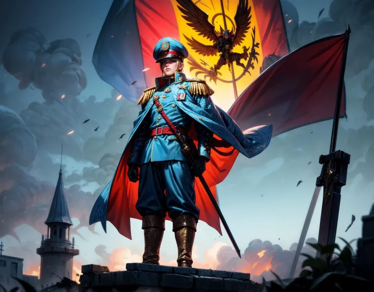 Generate a stunning art style, a true [masterpiece] of art. The image showcases [detailed linework], [dynamic shading], and [dramatic lighting], bringing to life a [dreading and dark atmosphere] . A [full body view] [germanic 1man] is [standing infront ] of his [soldier]. He is  a [commissar] of the [astra militarum]. He is  [seductive  ]with his [lwhite_hair,  skindentation]. He is [holding a power sword in his righthand]. He is wearing a [stunning commissar uniform wiht long cape and tactical pants].  Aim for a [photorealistic] portrayal that captures the [essence] of his character, with [intricate details] that capture every nuance of his form.
BREAK;
Many [astra militarum  soldier and there silhouette] are to be seen with a [gohtic spire city] and [battle standard] in  the background.  In the air [valkyrie airplanes] are to be seen. The art style should capture the [post-apocalyptic setting] of the image and flare of the [warhammer 40k universum].  The overall mood of the image should be [grim], [warhammer 40k], with a sense of [melancholy], [loneliness], and [desolation], showing the complete scene.
<lora:more_details:1>