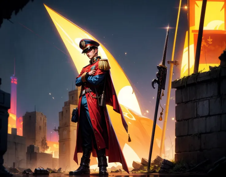 Generate a stunning art style, a true [masterpiece] of art. The image showcases [detailed linework], [dynamic shading], and [dramatic lighting], bringing to life a [dreading and dark atmosphere] . A [full body view] [germanic 1man] is [standing infront ] of his [soldier]. He is  a [commissar] of the [astra militarum]. He is  [seductive  ]with his [lwhite_hair,  skindentation]. He is [holding a power sword in his righthand]. He is wearing a [stunning commissar uniform wiht long cape and tactical pants].  Aim for a [photorealistic] portrayal that captures the [essence] of his character, with [intricate details] that capture every nuance of his form.
BREAK;
Many [astra militarum  soldier and there silhouette] are to be seen with a [gohtic spire city] and [battle standard] in  the background.  In the air [valkyrie airplanes] are to be seen. The art style should capture the [post-apocalyptic setting] of the image and flare of the [warhammer 40k universum].  The overall mood of the image should be [grim], [warhammer 40k], with a sense of [melancholy], [loneliness], and [desolation], showing the complete scene.
<lora:more_details:1>