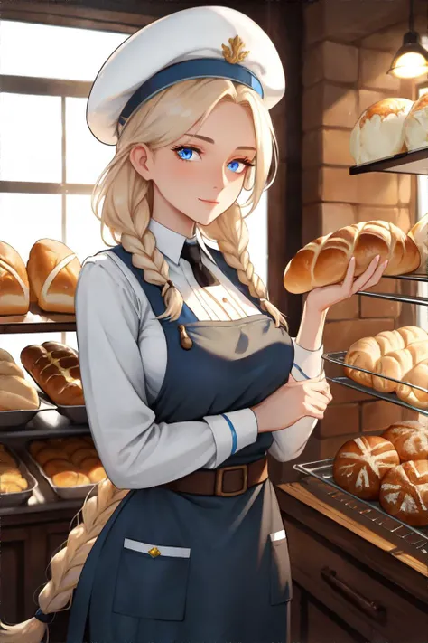 German Baker (Early 21st Century): A (pretty young woman:1.1) with braided blond hair, clear blue eyes, fair skin, wearing a traditional (baker's uniform:1.2), often white, with a baker's hat, (oven peel:1.1). She is amidst the warm and comforting ambience of a German bakery filled with the smell of fresh bread, ovens baking, and a display filled with a variety of traditional pastries., masterpiece, 8k, high resolution, shallow depth of field, sharp focus
