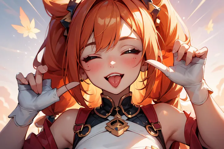 <lora:ddw_v1:0.75>, wink, one eye closed, playful smile, tongue out,, masterpiece, best quality, absurdres, highres, 4k, ray tracing, intricate details, highly detailed, (1girl:perfect face, cute, small breasts, long ginger hair, petite) visible behind the girl, bokeh, logo design, digital art, unreal engine