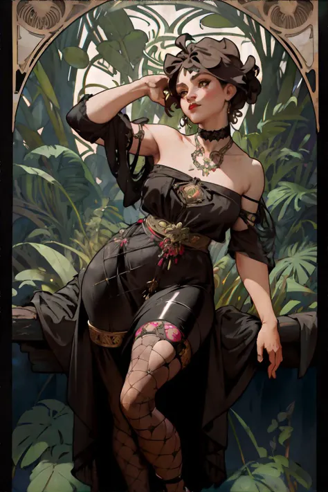 there is a beautiful (dark-skinned Honduran) ((mature goth MILF)) who is (lithe and curvy) with (long curly afro-textured vermilion hair), (embarrassed panting expression), (hand over vulva), in a sewing room with ((mess of herbal joints and (conchas pastry and cafecito) beside her)) on desk, (wearing open embroidered dramatic luxurious lace bodycon dress exposing (very small pendulous breasts) with dark areolas and freckles), (wearing stacked sapphire jewel necklace), (wearing long striped socks with skating sneakers), (copious stick incense burning in background), (overgrown potted cannabis sativa plants), (visible hairy pubes), (detailed perfect aroused vulva), (realistic visible stretch marks and cellulite), (cat sleeping in background)