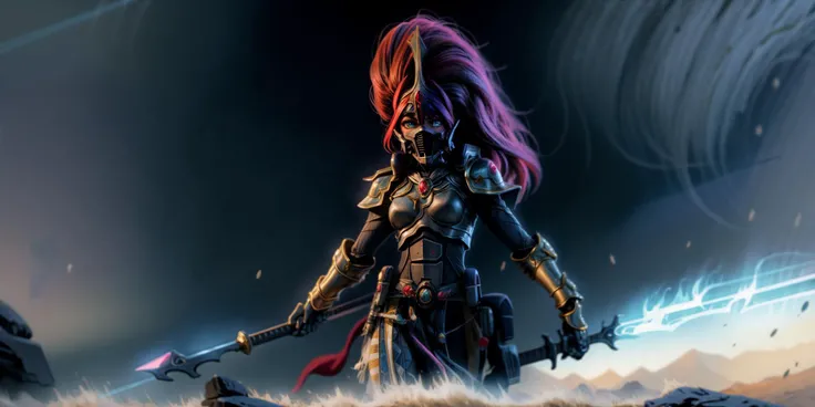 Generate a stunning art style, a true [masterpiece] [best quality] of art. The image showcases [detailed linework], [dynamic shading], and [dramatic lighting], bringing to life a [dark atmosphere, grim coloures] . In the background a [battlefield,] is to be seen in [grand, high-scale, panorama]  from  [from below].
Masazumi Honda, [long hair, black hair, ] solo is [ full body, walking , looking at viewer] .  She is wearing a [stunning full armor, red plume, helmet, full face mask, floating hair, wearing intricate ornamented metallic armor, heavy armor, epic, reflective metal, silver trimmings]. She is holding a [polearm].
<lora:more_details:1>        <lora:Masazumi_Honda_v1:1>   <lora:Howling Banshee MK1 by CARAXES:0.7>