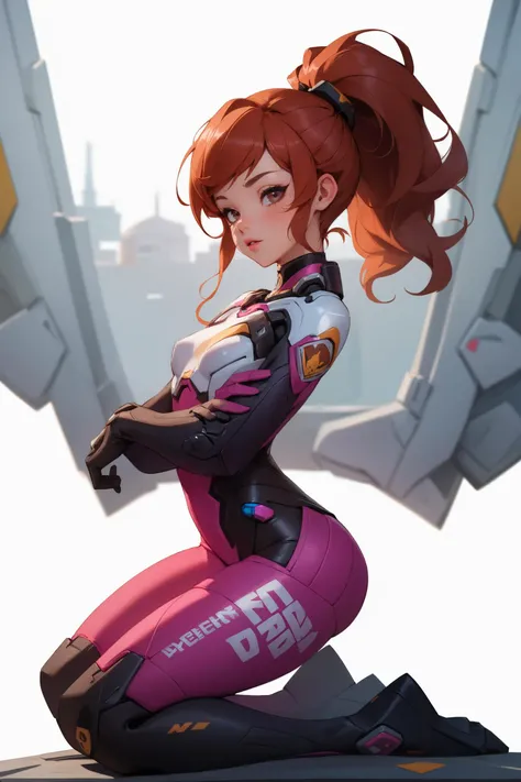 <lora:DDTrueKneeling_v2-000004:0.5>, from side, d-va (overwatch), kneeling, masterpiece, best quality, absurdres, highres, 4k, ray tracing, intricate details, highly detailed, (1girl:perfect face, cute, small breasts, long ginger hair, petite)