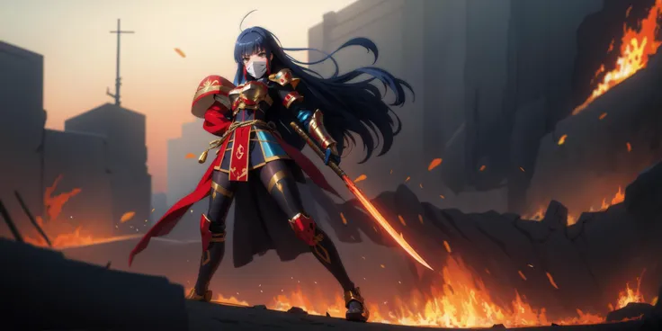 Generate a stunning art style, a true [masterpiece] [best quality] of art. The image showcases [detailed linework], [dynamic shading], and [dramatic lighting], bringing to life a [dark atmosphere, grim coloures] . In the background a [battlefield,in the middle of siege, heavy explosion] is to be seen in [grand, high-scale, panorama]  from  [from below].
Masazumi Honda as Howling Banshee [long hair, black hair, ] solo is [ full body, charging forward,  looking at viewer] .  She is wearing a [stunning full armor, red plume, helmet, full face mask, floating hair, wearing intricate ornamented metallic armor, heavy armor, epic, reflective metal, silver trimmings,pelvic curtain]. She is holding a [polearm].
<lora:Masazumi_Honda_v1:0.8>