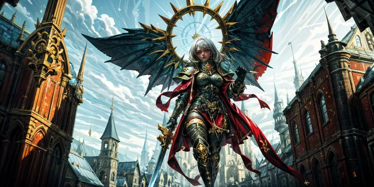 Generate a stunning art style, a true [masterpiece] [best quality] of art. The image showcases [detailed linework], [dynamic shading], and [dramatic lighting], bringing to life a [dreading atmosphere, grim dark coloures] . In the background a [gothic hive spire city, warhammer 40k] is to be seen in [grand:1.8, high-scale:1.8, panorama:1.8]  from  [from below].
A sister of batlle, solo:1.3 is [full body view, standing, from from above ] in front of the edge of a tower. It is holding a [power_sword in its righthand]. It is wearing a [stunning armor].
<lora:more_details:0.6> <lora:whsororitas:0.6>