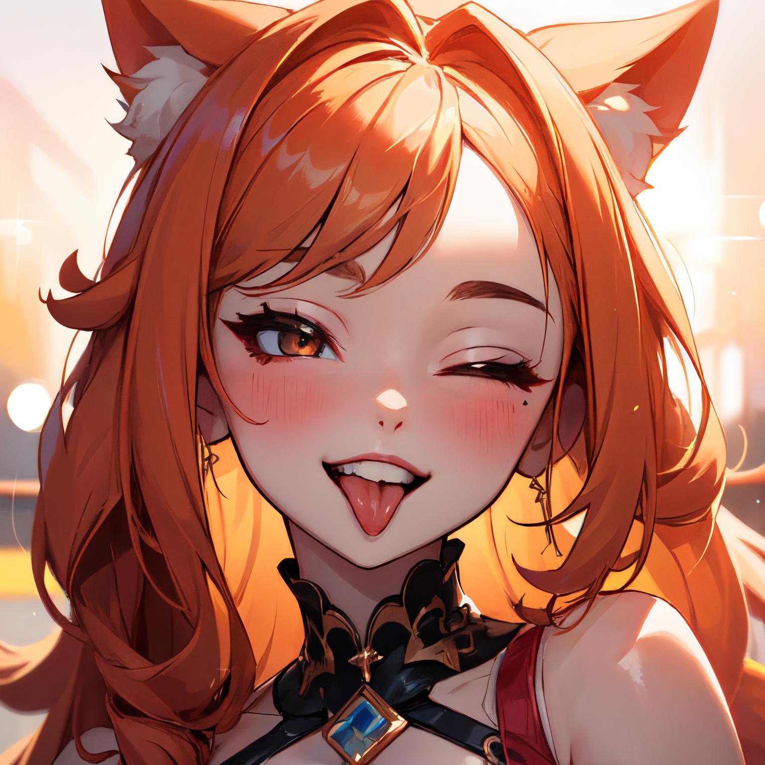 Anime girl with long red hair and cat ears - SeaArt AI