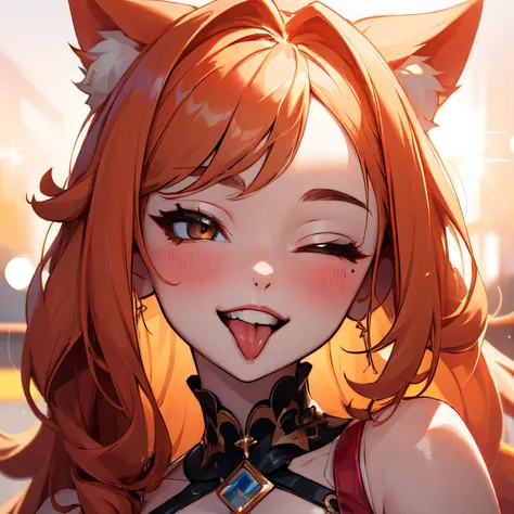 <lora:ddw_v1:0.75>, wink, one eye closed, playful smile, tongue out,, masterpiece, best quality, absurdres, highres, 4k, ray tracing, intricate details, highly detailed, (1girl:perfect face, cute, small breasts, long ginger hair, petite) official digital art, 4k super detailed, dramatic, lens flare, bokeh