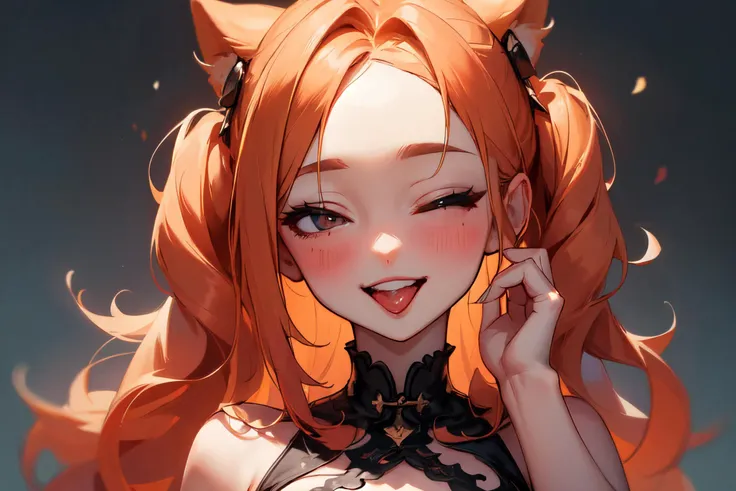 <lora:ddw_v1:0.75>, wink, one eye closed, playful smile, tongue out,, masterpiece, best quality, absurdres, highres, 4k, ray tracing, intricate details, highly detailed, (1girl:perfect face, cute, small breasts, long ginger hair, petite)
