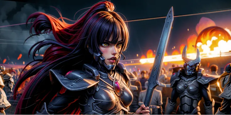 Generate a stunning art style, a true [masterpiece] [best quality] of art. The image showcases [detailed linework], [dynamic shading], and [dramatic lighting], bringing to life a [dark atmosphere, grim coloures] . In the background a [battlefield,in the middle of siege, heavy explosion] is to be seen in [grand, high-scale, panorama]  from  [from below].
Masazumi Honda as Howling Banshee [long hair, black hair, ] solo is [ full body, walking , looking at viewer] .  She is wearing a [stunning full armor, red plume, helmet, full face mask, floating hair, wearing intricate ornamented metallic armor, heavy armor, epic, reflective metal, silver trimmings]. She is holding a [polearm].
<lora:more_details:1>        <lora:Masazumi_Honda_v1:1>   <lora:Howling Banshee MK1 by CARAXES:0.8>