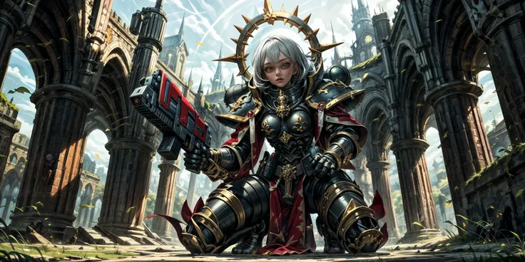 Generate a stunning art style, a true [masterpiece] [best quality] of art. The image showcases [detailed linework], [dynamic shading], and [dramatic lighting], bringing to life a [dreading atmosphere, grim dark coloures] . In the background a [gothic hive spire city, warhammer 40k] is to be seen in [grand:1.8, high-scale:1.8, panorama:1.8]  from  [from below].
A sister of batlle, solo:1.3 is [full body view, squatting, from from above ] in front of the edge of a tower. It is holding a [bolter in its righthand]. It is wearing a [stunning armor, full face mask].
<lora:more_details:0.5> <lora:whsororitas:0.6>