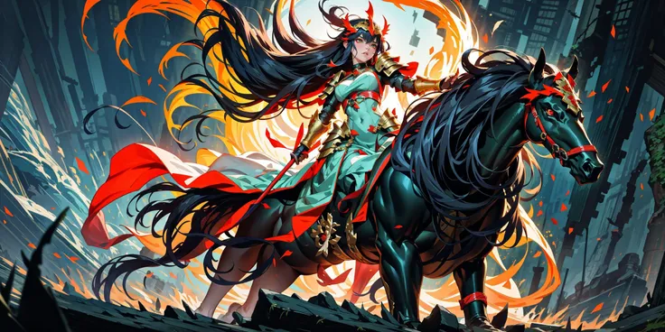Generate a stunning art style, a true [masterpiece] [best quality] of art. The image showcases [detailed linework], [dynamic shading], and [dramatic lighting], bringing to life a [dark atmosphere, grim coloures] . In the background a [battlefield,in the middle of siege, heavy explosion] is to be seen in [grand, high-scale, panorama]  from  [from below].
Masazumi Honda as Howling Banshee [long hair, black hair, ] solo is [ full body, charging forward,  looking at viewer] .  She is wearing a [stunning full armor, red plume, helmet, full face mask, floating hair, wearing intricate ornamented metallic armor, heavy armor, epic, reflective metal, silver trimmings,pelvic curtain]. She is holding a [polearm].