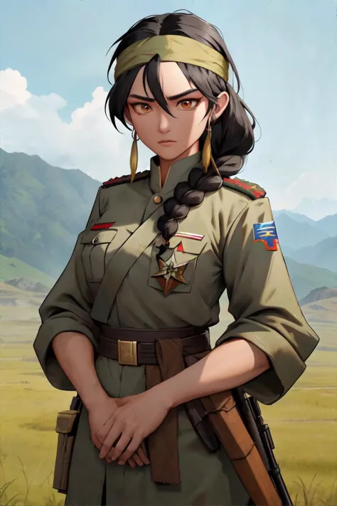 (((Best Quality)), ((Masterpiece)), (Detailed:1.4), 1women, 独奏, black hair, Green eyes, pony tail, glowing eyes, , a perfect face, Military uniform of the German Empire, Khaki raincoat, combat boots, Prehistory of the Kaiser's Empire, Morning lighting, Casting magic spells, The magic of the wind, Ethereal luminous aura, (Military pants), ( military uniform), big breastes