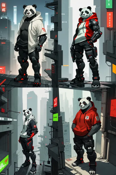 (a (cyborg:0.7) chinese giant (panda:1.1) male (furry:1.3) is standing solo with hand in pocket, He has an animal head, mechanical arms and hands, mechanical legs and boots, He is wearing a short sleeves (red:1.1) hoodie with both proud and serious on his face, He is looking afar from rooftop, and city below:1.1), His eyes are black and shine, BREAK, realistic, illustration, painting, cyberpunk, science fiction, night