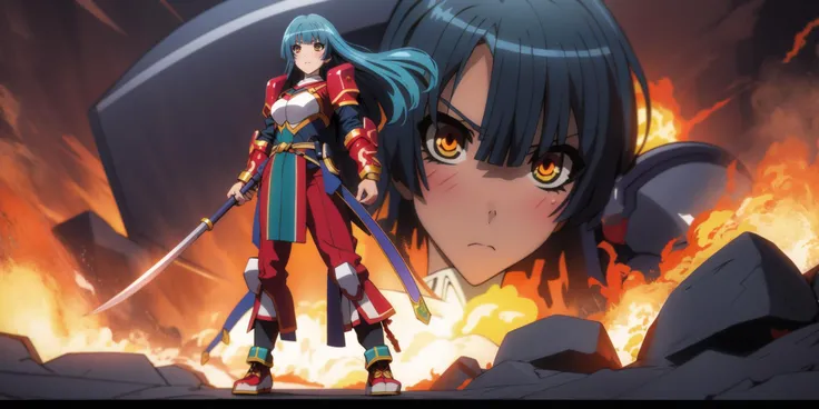 Generate a stunning art style, a true [masterpiece] [best quality] of art. The image showcases [detailed linework], [dynamic shading], and [dramatic lighting], bringing to life a [dark atmosphere, grim coloures] . In the background a [battlefield,in the middle of siege, heavy explosion] is to be seen in [grand, high-scale, panorama]  from  [from below].
Masazumi Honda as Howling Banshee [long hair, black hair, ] solo is [ full body, charging forward,  looking at viewer] .  She is wearing a [stunning full armor, red plume, helmet, full face mask, floating hair, wearing intricate ornamented metallic armor, heavy armor, epic, reflective metal, silver trimmings,pelvic curtain]. She is holding a [polearm].
<lora:Masazumi_Honda_v1:1>