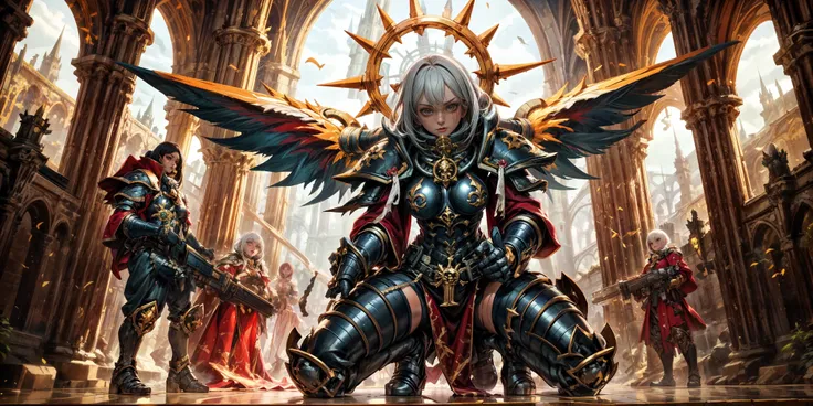 Generate a stunning art style, a true [masterpiece] [best quality] of art. The image showcases [detailed linework], [dynamic shading], and [dramatic lighting], bringing to life a [dreading atmosphere, grim dark coloures] . In the background a [gothic hive spire city, warhammer 40k] is to be seen in [grand:1.8, high-scale:1.8, panorama:1.8]  from  [from below].
A sister of batlle, solo:1.3 is [full body view, squatting, from from above ] in front of the edge of a tower. It is holding a [bolter in its righthand]. It is wearing a [stunning armor, full face mask].
<lora:more_details:0.5> <lora:whsororitas:0.6>
