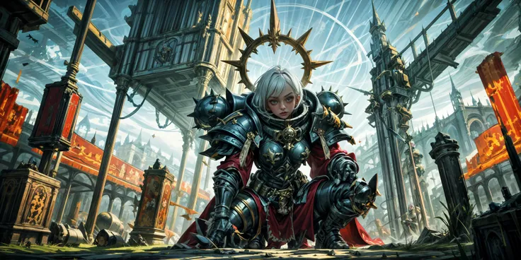 Generate a stunning art style, a true [masterpiece] [best quality] of art. The image showcases [detailed linework], [dynamic shading], and [dramatic lighting], bringing to life a [dreading atmosphere, grim dark coloures] . In the background a [gothic hive spire city, warhammer 40k] is to be seen in [grand:1.8, high-scale:1.8, panorama:1.8]  from  [from below].
A sister of batlle, solo:1.3 is [full body view, squatting, from from above ] in front of the edge of a tower. It is holding a [bolter in its righthand]. It is wearing a [stunning armor, full face mask].
<lora:more_details:0.5> <lora:whsororitas:0.6>