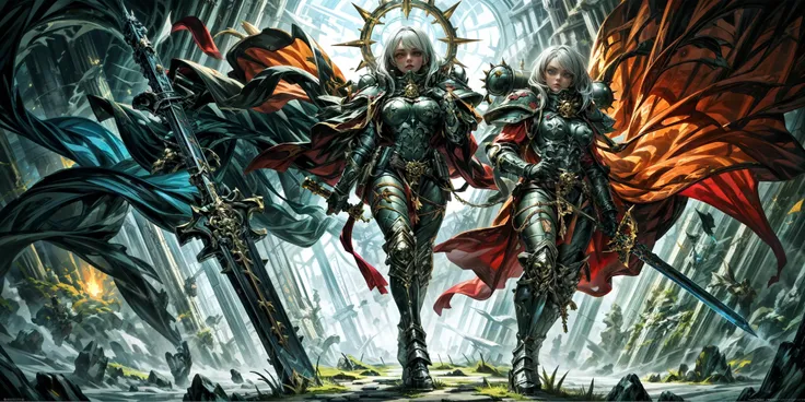 Generate a stunning art style, a true [masterpiece] [best quality] of art. The image showcases [detailed linework], [dynamic shading], and [dramatic lighting], bringing to life a [dreading atmosphere, grim dark coloures] . In the background a [gothic hive spire city, warhammer 40k] is to be seen in [grand:1.8, high-scale:1.8, panorama:1.8]  from  [from below].
A sister of batlle, solo:1.3 is [full body view, standing, from from above ] in front of the edge of a tower. It is holding a [power_sword in its righthand]. It is wearing a [stunning armor].
<lora:more_details:0.6> <lora:whsororitas:0.6>