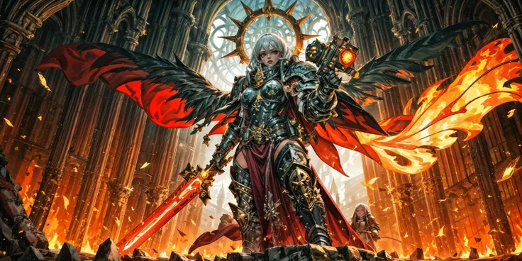Generate a stunning art style, a true [masterpiece] [best quality] of art. The image showcases [detailed linework], [dynamic shading], and [dramatic lighting], bringing to life a [dreading atmosphere, grim dark coloures] . In the background a [gothic hive spire city, warhammer 40k] is to be seen in [grand:1.8, high-scale:1.8, panorama:1.8]  from  [from below].
A sister of batlle, solo:1.3 is [full body view, standing, from from above ] in front of the edge of a tower. It is holding a [power_sword in its righthand]. It is wearing a [stunning armor].
<lora:more_details:0.6> <lora:whsororitas:0.6>