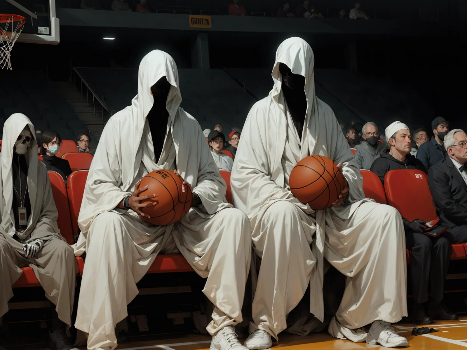 basket ball court,courtside seats, crowd watching gameBREAK <lora:g0s1 - Ghost:0.634>,ghost, white robe, holding black scythe g0s1,skeleton hands,faceless, watching a basketball game, sitting and watching a game, BREAK audience, seat