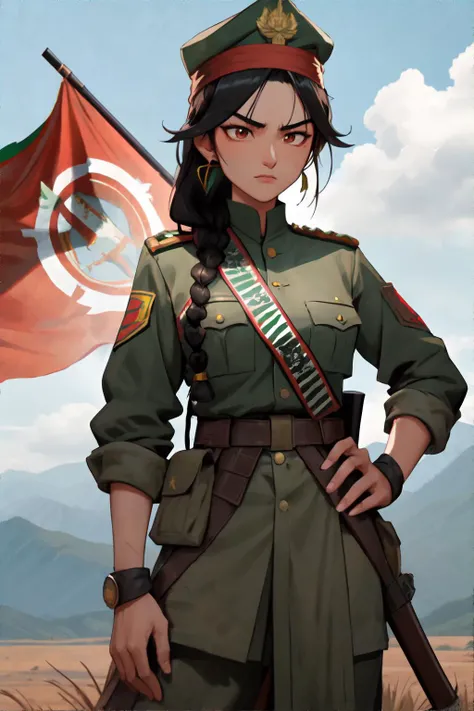 Kachin Female Fighter (Myanmar): Dressed in worn-out military uniforms, wearing weathered hat or headband, Kachin Independence Army flag patch, with black hair styled in a braided and tucked-under style, paired with intense brown eyes in an epic Myanmar landscape., masterpiece, 8k, high resolution, shallow depth of field, sharp focus