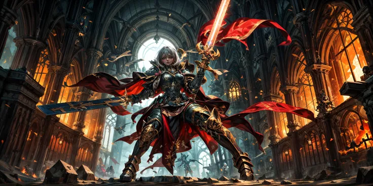 Generate a stunning art style, a true [masterpiece] [best quality] of art. The image showcases [detailed linework], [dynamic shading], and [dramatic lighting], bringing to life a [dreading atmosphere, grim dark coloures] . In the background a [gothic hive spire city, warhammer 40k] is to be seen in [grand:1.8, high-scale:1.8, panorama:1.8]  from  [from below].
A sister of batlle, solo:1.3 is [full body view, standing, from from above ] in front of the edge of a tower. It is holding a [power_sword in its righthand]. It is wearing a [stunning armor].
<lora:more_details:0.6> <lora:whsororitas:0.6>