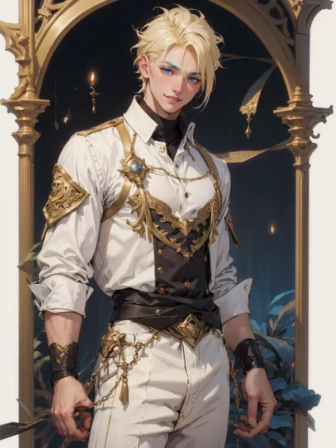 <lora:AQMLORA-V5:1>, 1boy,blond hair,fantasy setting,white outfit, smile,