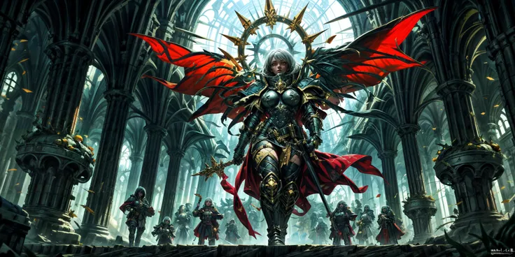 Generate a stunning art style, a true [masterpiece] [best quality] of art. The image showcases [detailed linework], [dynamic shading], and [dramatic lighting], bringing to life a [dreading atmosphere, grim dark coloures] . In the background a [gothic hive spire city, warhammer 40k] is to be seen in [grand:1.8, high-scale:1.8, panorama:1.8]  from  [from below].
A sister of batlle, solo:1.3 is [full body view, standing, from from above ] in front of the edge of a tower. It is holding a [power_sword in its righthand]. It is wearing a [stunning armor].
<lora:more_details:0.6> <lora:whsororitas:0.6>