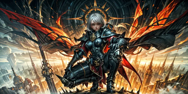 Generate a stunning art style, a true [masterpiece] [best quality] of art. The image showcases [detailed linework], [dynamic shading], and [dramatic lighting], bringing to life a [dreading atmosphere, grim dark coloures] . In the background a [gothic hive spire city, warhammer 40k] is to be seen in [grand:1.8, high-scale:1.8, panorama:1.8]  from  [from below].
A sister of batlle, solo:1.3 is [full body view, squatting, from from above ] in front of the edge of a tower. It is holding a [bolter in its righthand]. It is wearing a [stunning armor, full face mask].
<lora:more_details:0.5> <lora:whsororitas:0.6>