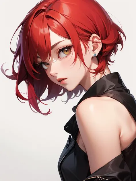 beautiful girl, Half Body Portrait, Short, bright red, messy hair, Black Eyeshadow, (Street Style Wear:1.2), (Urban Background:1.2), Heavy makeup, Digital Art, Trending on Art Station, highly detailed, The finer details, Complex, beautiful detailed glow, detailed, Cinematic Light, High resolution, detailed facial features,Sharp focus, Smooth, beautiful,