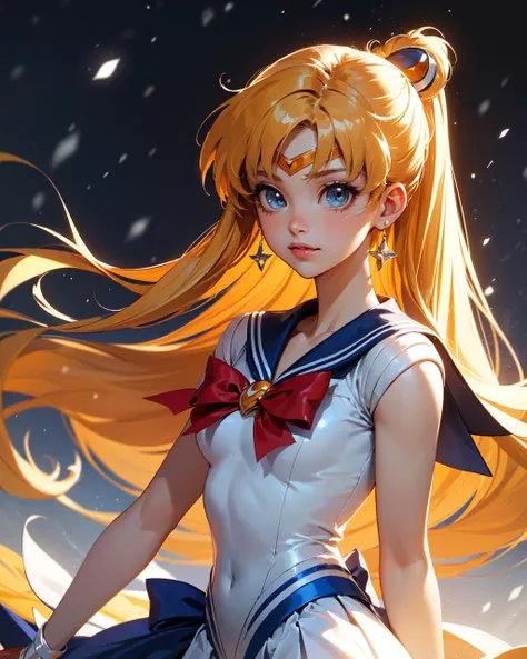 cleavage, (best quality, masterpiece, colorful, dynamic angle, highest detailed), upper body photo, fashion photography of cute girl ((Sailor Venus, Sailor Moon), dressing high detailed Sailor Venus suit, (ultrahigh resolution textures), in dynamic pose, bokeh, (intricate details, hyperdetailed:1.15), detailed, moonlight passing through hair, perfect snowing night, fantasy background, (official art, extreme detailed, highest detailed), HDR+