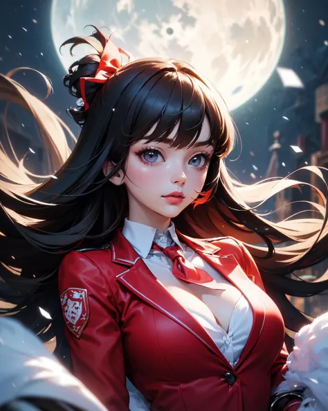 cleavage,  (best quality,  masterpiece,  colorful,  dynamic angle,  highest detailed),  upper body photo,  fashion photography of cute girl (((Yumeko Jabami,  Kakegurui))),  dressing high detailed suit,  (ultrahigh resolution textures),  in dynamic pose,  bokeh,  (intricate details,  hyperdetailed:1.15),  detailed,  moonlight passing through hair,  perfect snowing night,  fantasy background,  (official art,  extreme detailed,  highest detailed),  HDR+