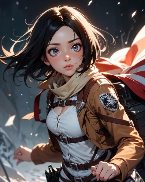 cleavage, (best quality, masterpiece, colorful, dynamic angle, highest detailed), upper body photo, fashion photography of cute girl (((Mikasa Ackerman â Attack on Titan))), dressing high detailed suit, (ultrahigh resolution textures), in dynamic pose, bokeh, (intricate details, hyperdetailed:1.15), detailed, moonlight passing through hair, perfect snowing night, fantasy background, (official art, extreme detailed, highest detailed), HDR+, nezuko, nezuko, long hair, ribbon, hair ribbon, looking at viewer