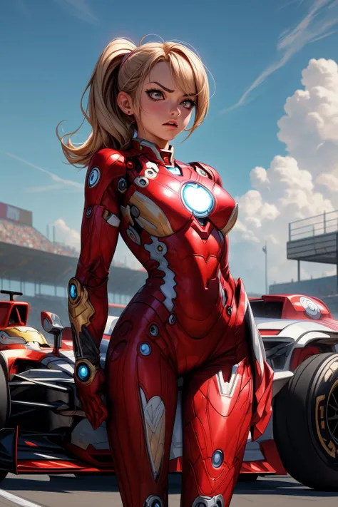 An amazing illustration depicting a woman using the (ironman suit:1.3), fearless, angry, metalic armor, standing confidently in the f1 race track, (race car:1.1), outdoors, clouds
<lora:Detail Tweaker:1>