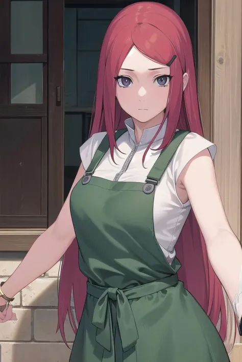 kushina, <lyco:kushina-lyco-nochekaiser:1>,
kushina, long hair, hair ornament, red hair, hairclip, (grey eyes:1.5),
BREAK shirt, dress, jewelry, white shirt, short sleeves, apron, bracelet, green apron, collar,
BREAK looking at viewer, full body, (cowboy shot:1.5),
BREAK indoors,
BREAK <lyco:GoodHands-beta2:1>, (masterpiece:1.2), best quality, high resolution, unity 8k wallpaper, (illustration:0.8), (beautiful detailed eyes:1.6), extremely detailed face, perfect lighting, extremely detailed CG, (perfect hands, perfect anatomy),