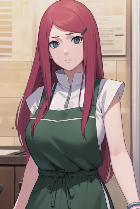 kushina, <lyco:kushina-lyco-nochekaiser:1>,
kushina, long hair, hair ornament, red hair, hairclip, (grey eyes:1.5),
BREAK shirt, dress, jewelry, white shirt, short sleeves, apron, bracelet, green apron, collar,
BREAK looking at viewer, full body, (cowboy shot:1.5),
BREAK indoors,
BREAK <lyco:GoodHands-beta2:1>, (masterpiece:1.2), best quality, high resolution, unity 8k wallpaper, (illustration:0.8), (beautiful detailed eyes:1.6), extremely detailed face, perfect lighting, extremely detailed CG, (perfect hands, perfect anatomy),