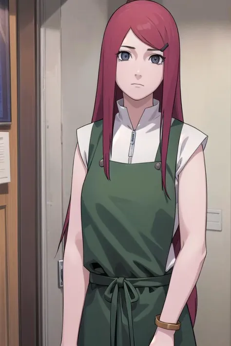 kushina, <lyco:kushina-lyco-nochekaiser:1>,
kushina, long hair, hair ornament, red hair, hairclip, (grey eyes:1.5),
BREAK shirt, dress, jewelry, white shirt, short sleeves, apron, bracelet, green apron, collar,
BREAK looking at viewer, full body, (cowboy shot:1.5),
BREAK indoors,
BREAK <lyco:GoodHands-beta2:1>, (masterpiece:1.2), best quality, high resolution, unity 8k wallpaper, (illustration:0.8), (beautiful detailed eyes:1.6), extremely detailed face, perfect lighting, extremely detailed CG, (perfect hands, perfect anatomy),