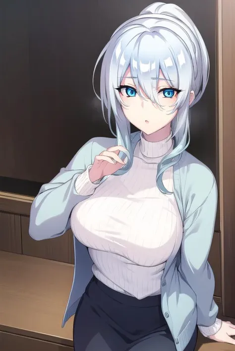 yukionayukino, <lora:yukionayukino-lora-nochekaiser:1>,
yuki ona yukino, long hair, bangs, blue eyes, hair between eyes, blue hair, ponytail,
BREAK skirt, long sleeves, black skirt, sweater, turtleneck, ribbed sweater, white sweater, cardigan, blue cardigan, open cardigan,
BREAK indoors, bed,
BREAK looking at viewer, (cowboy shot:1.5),
BREAK <lyco:GoodHands-beta2:1>, (masterpiece:1.2), best quality, high resolution, unity 8k wallpaper, (illustration:0.8), (beautiful detailed eyes:1.6), extremely detailed face, perfect lighting, extremely detailed CG, (perfect hands, perfect anatomy),