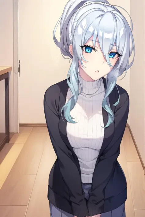 yukionayukino, <lora:yukionayukino-lora-nochekaiser:1>,
yuki ona yukino, long hair, bangs, blue eyes, hair between eyes, blue hair, ponytail,
BREAK skirt, long sleeves, black skirt, sweater, turtleneck, ribbed sweater, white sweater, cardigan, blue cardigan, open cardigan,
BREAK indoors, bed,
BREAK looking at viewer, (cowboy shot:1.5),
BREAK <lyco:GoodHands-beta2:1>, (masterpiece:1.2), best quality, high resolution, unity 8k wallpaper, (illustration:0.8), (beautiful detailed eyes:1.6), extremely detailed face, perfect lighting, extremely detailed CG, (perfect hands, perfect anatomy),