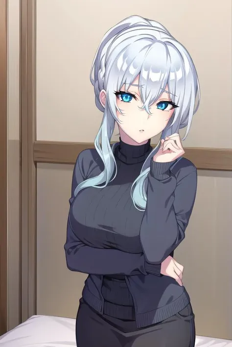 yukionayukino, <lora:yukionayukino-lora-nochekaiser:1>,
yuki ona yukino, long hair, bangs, blue eyes, hair between eyes, blue hair, ponytail,
BREAK skirt, long sleeves, black skirt, sweater, turtleneck, ribbed sweater, white sweater, cardigan, blue cardigan, open cardigan,
BREAK indoors, bed,
BREAK looking at viewer, (cowboy shot:1.5),
BREAK <lyco:GoodHands-beta2:1>, (masterpiece:1.2), best quality, high resolution, unity 8k wallpaper, (illustration:0.8), (beautiful detailed eyes:1.6), extremely detailed face, perfect lighting, extremely detailed CG, (perfect hands, perfect anatomy),